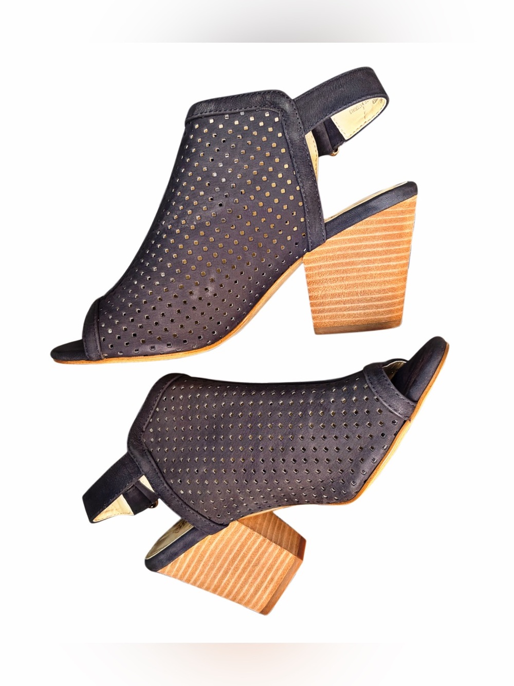 Perforated Leather Block Heel Sandals